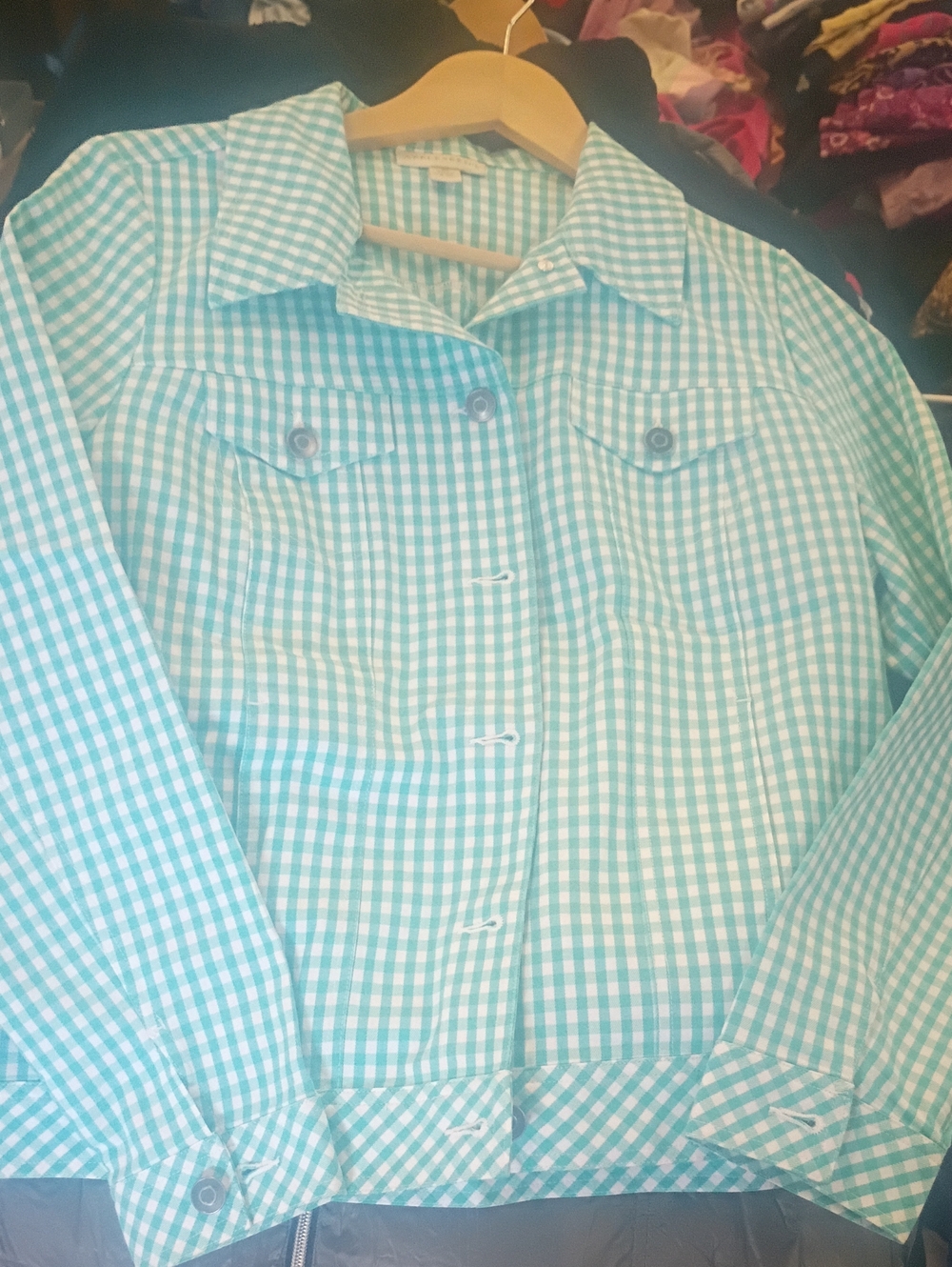 Appleseed's Aqua Gingham Button-Front Jean Jacket